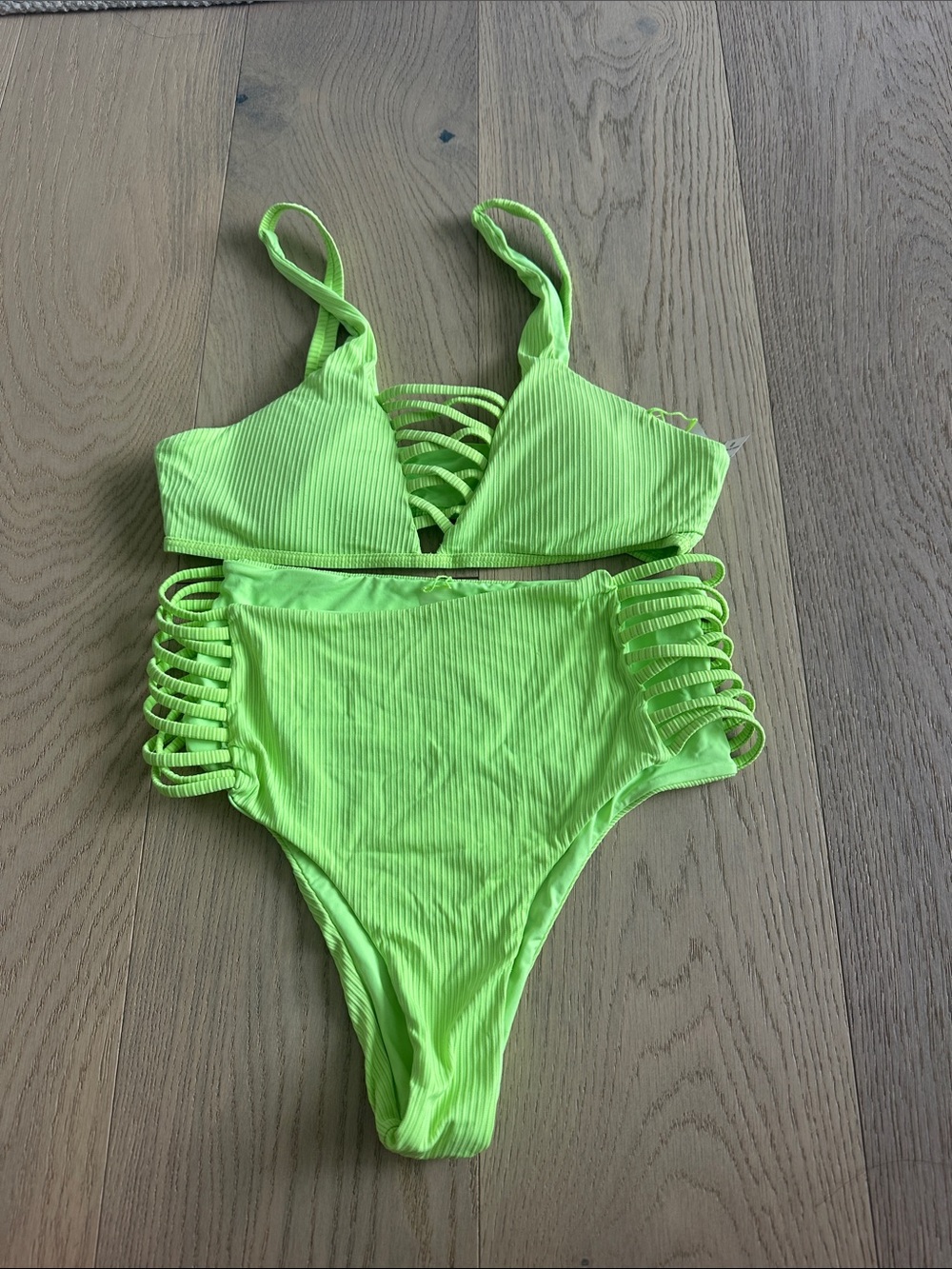 Adult Neon Lime Cutout Ribbed high waisted  Bikini Set
